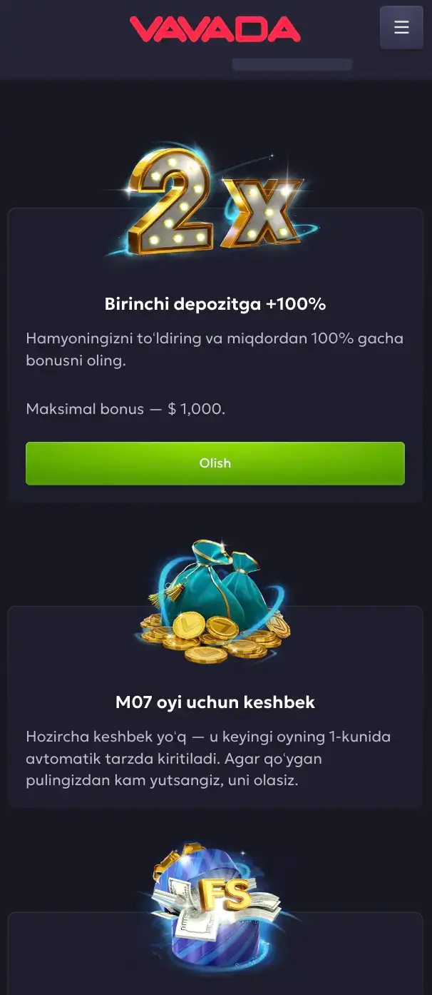 Vavada bonuslari: 100 foiz bonus, keshbek va frispinlar Vavada bonuslar sahifasi birinchi depozitga bonus va keshbek takliflari bilan