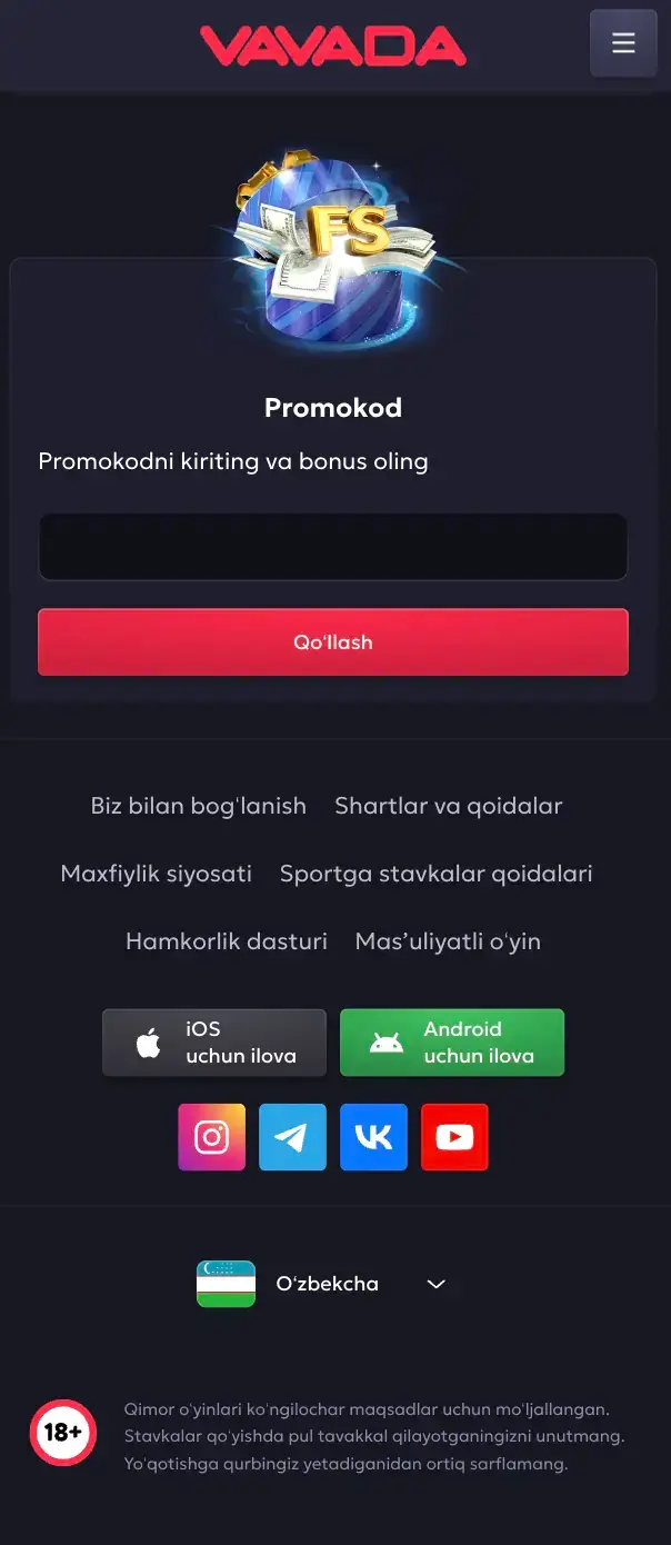 Vavada promokod: bonus va frispinlarni faollashtirish Vavada promokod oynasi va bonusni faollashtirish sahifasi
