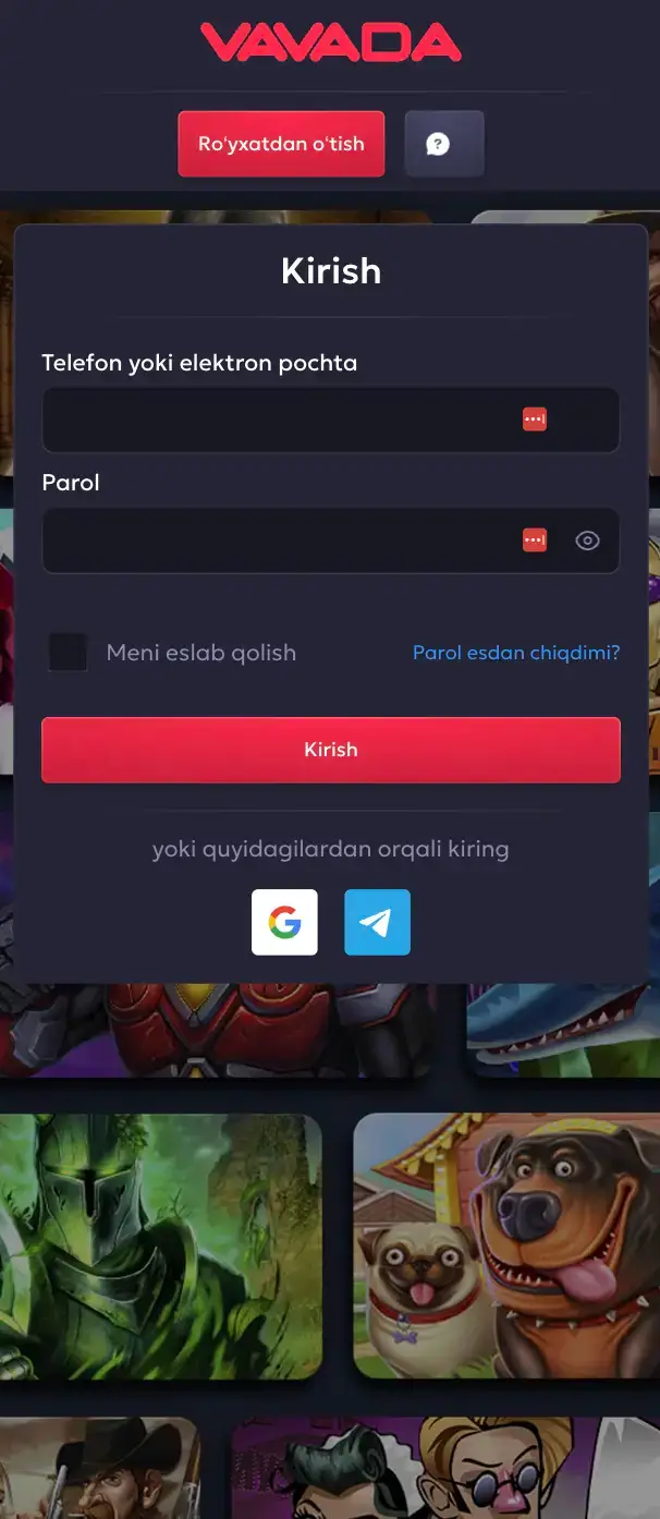 Vavada rasmiy saytiga kirish formasi email yoki telefon orqali